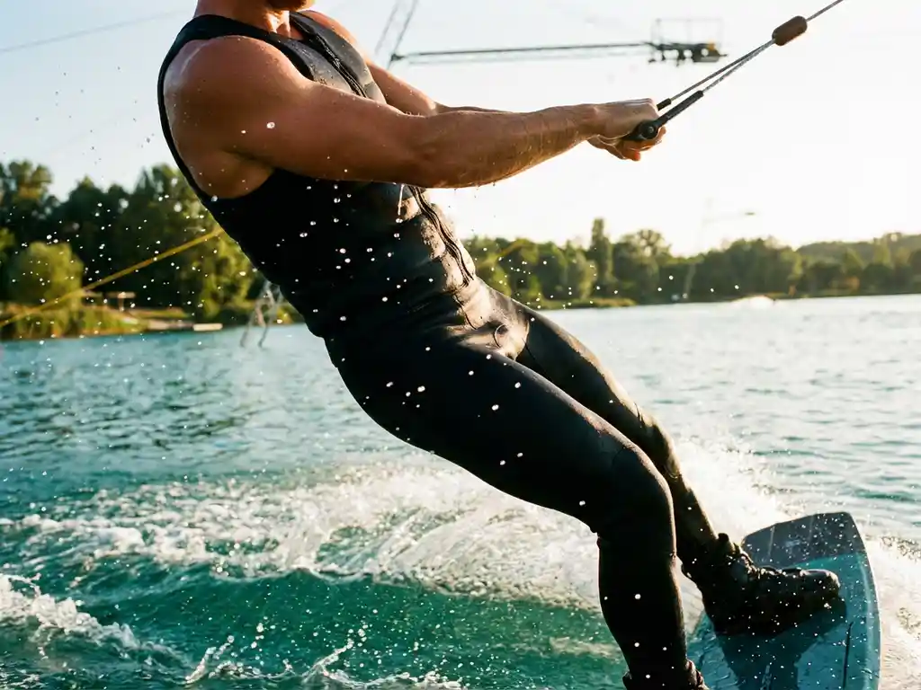 Wakeboarder met gespannen spieren grijpt touwhandvat vast, waterdruppels in de lucht, kabelbaansysteem zichtbaar boven turquoise meer
