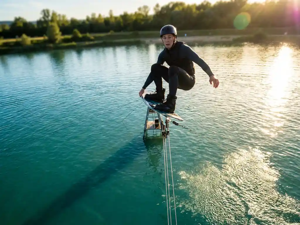 Wakeboarder in de lucht boven helder meer, kabelmasten zichtbaar, gouden middaglicht en wazige groene kustlijn op achtergrond