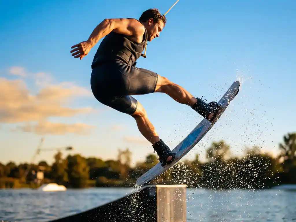 Wakeboarder springt explosief van kabelbaanschans, gespierde benen gestrekt, waterdruppels bevroren in beweging tegen helderblauwe lucht