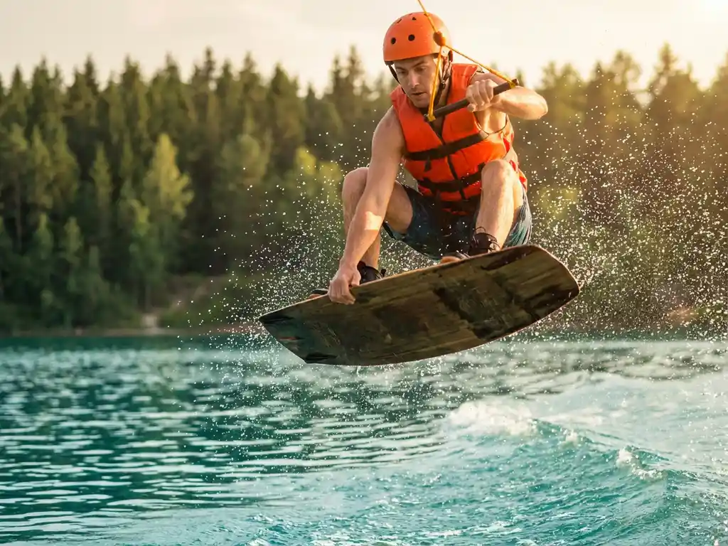 Wakeboarder springt door kristalhelder water met oranje zwemvest, waterdruppels in zonlicht, groene oever op achtergrond