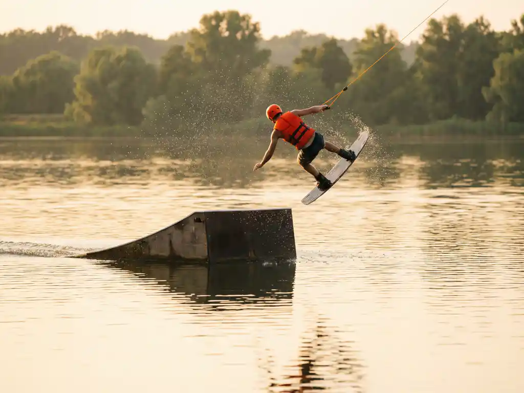 Wakeboarder in oranje zwemvest springt van wake ramp, waterdruppels spatten, gouden namiddaglicht op kalm meer