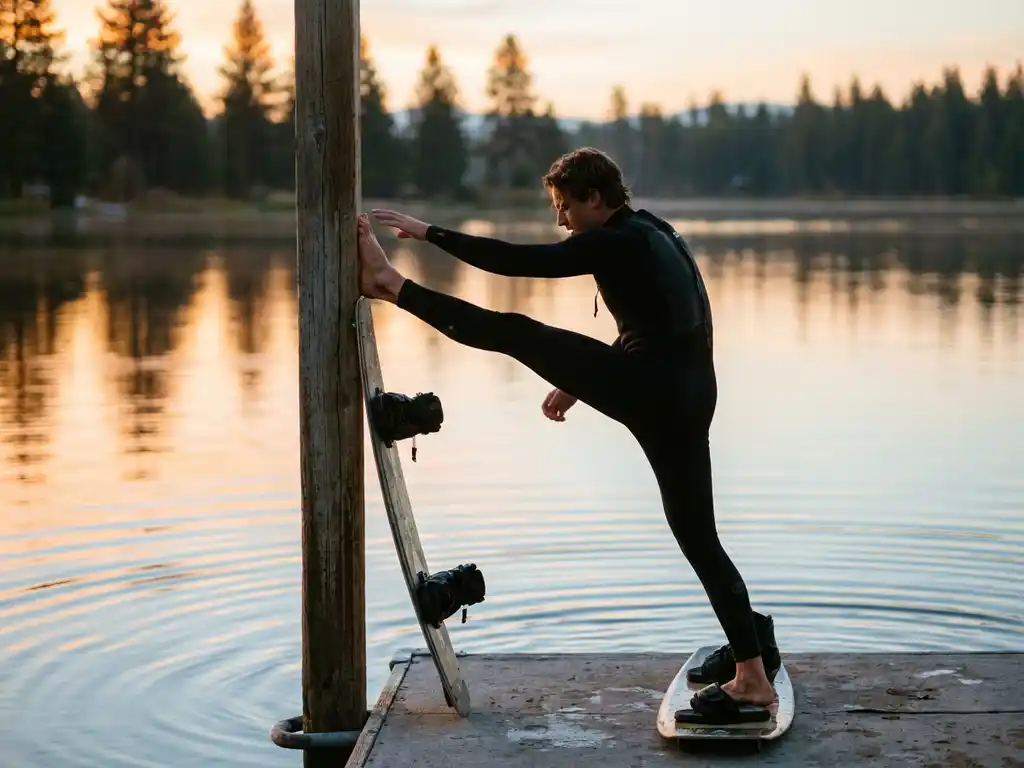 Wakeboarder rekt been op dok met wakeboard tegen kabeltoren, kalm meer met gouden ochtendlicht op achtergrond
