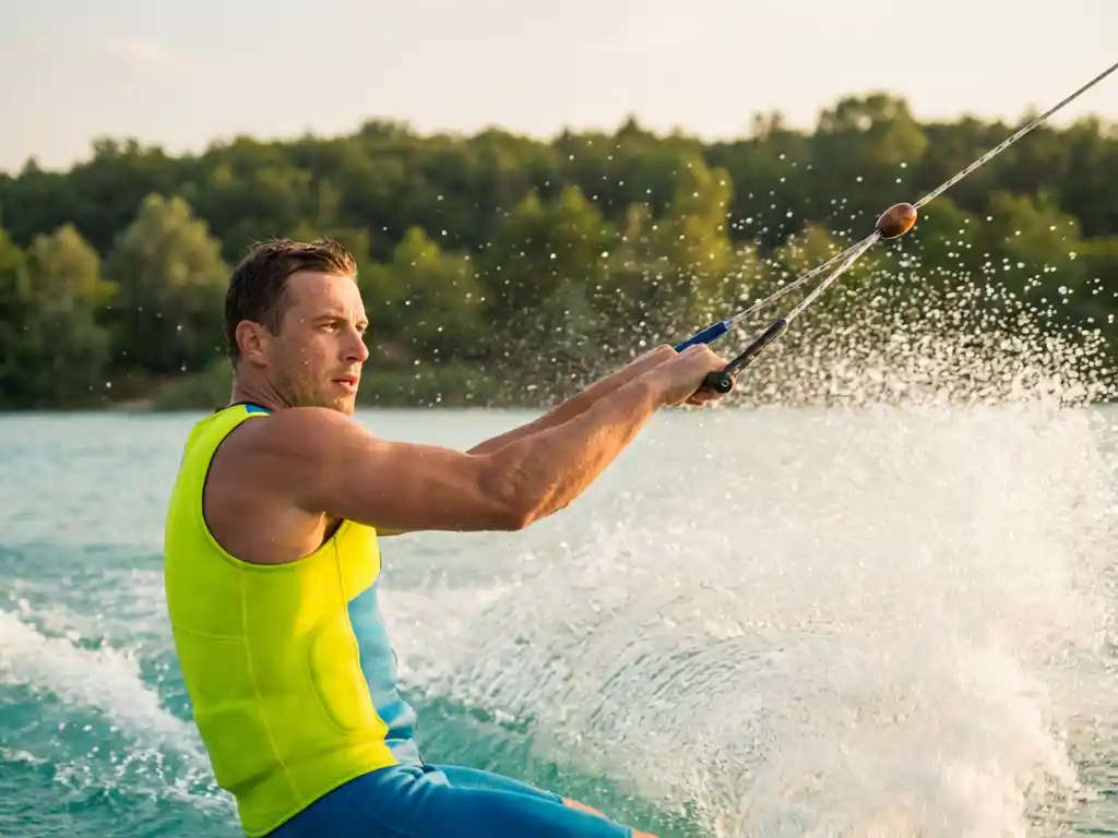 Wakeboarder snijdt door turquoise water en creëert witte sproei-arc, gekleed in neon wetsuit bij zonsondergang