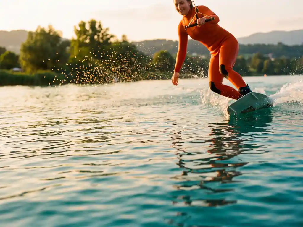 Wakeboarder snijdt door helderblauwe meer met waterdruppels in gouden zonlicht, groene oever op achtergrond