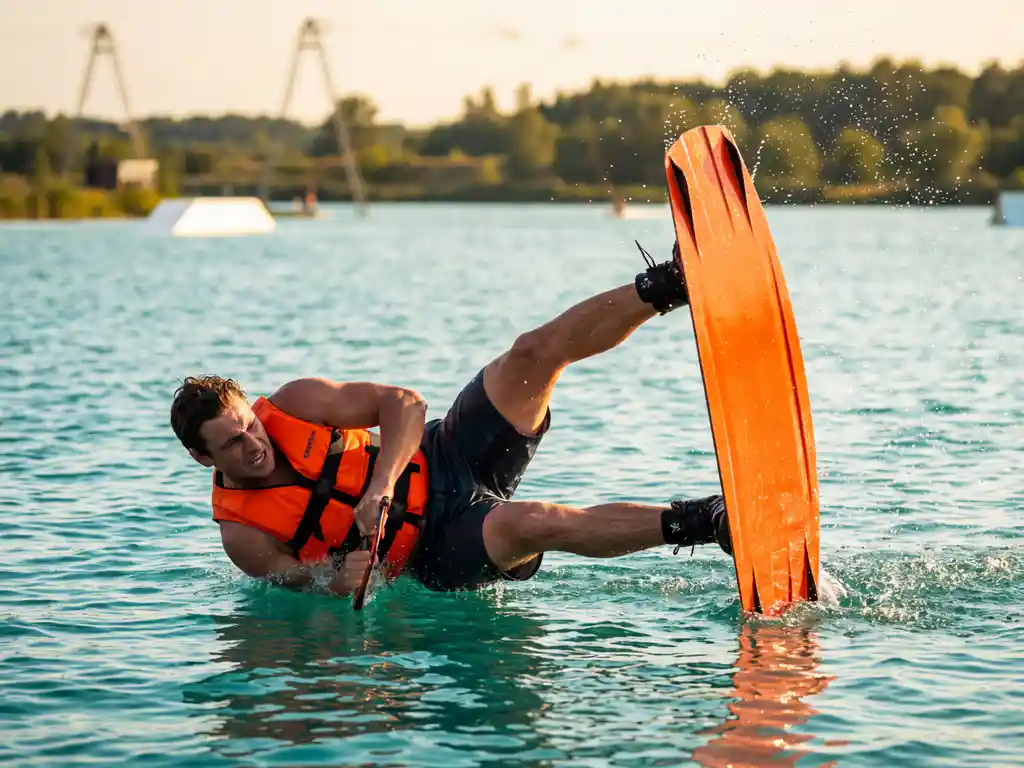 Wakeboarder valt in helder azuurblauw meerwater, oranje wakeboard loslatend, waterdruppels bevroren in zonlicht