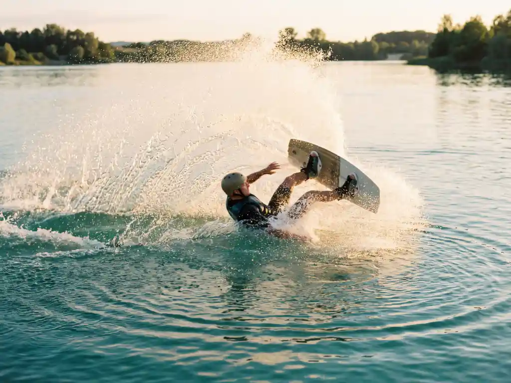 Wakeboarder valt in turquoise meer, waterdruppels spatten op in gouden zonlicht, board nog aan voeten bevestigd