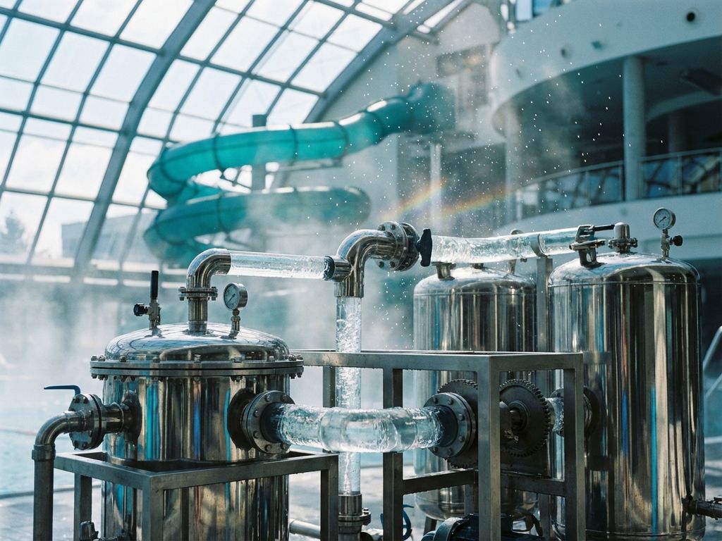 Waterfiltratiesysteem met chromen tanks en transparante leidingen, waterpark glijbaan op achtergrond