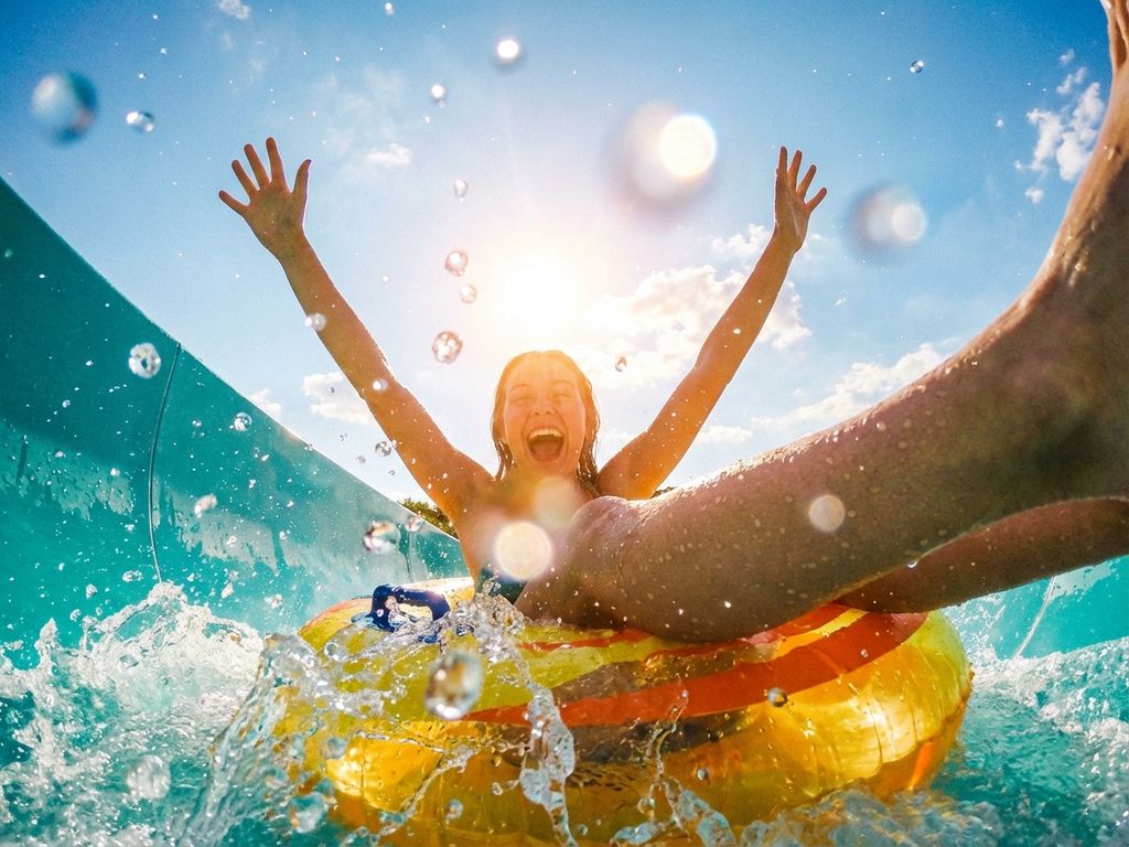 Persoon glijdt juichend met opgeheven armen van een felblauwe waterglijbaan in een aquapark op een zonnige zomerdag