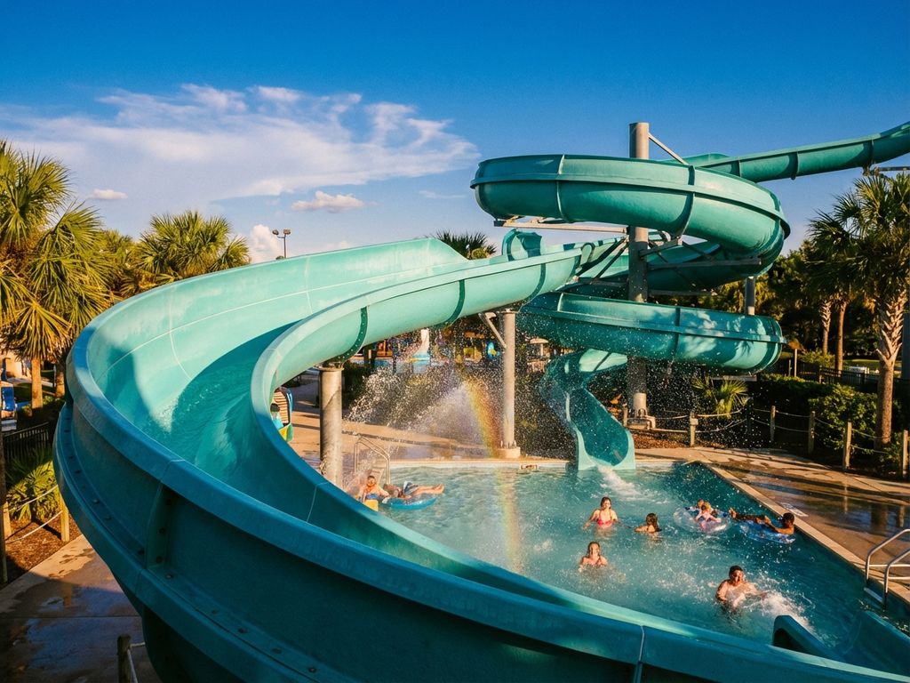Turquoise spiraalwaterglijbaan in aquapark met zwemmers in helder zwembad omringd door palmbomen