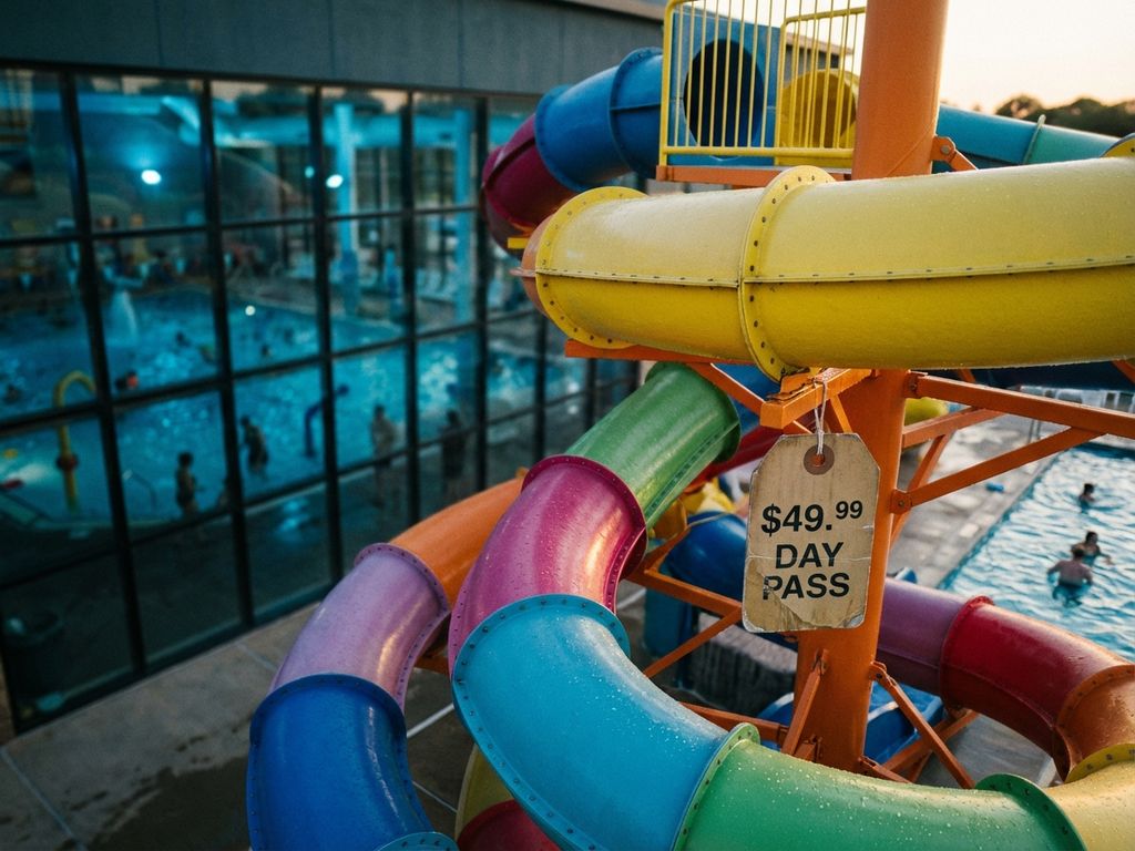 Buitenwaterglijbaan met prijskaartje in waterpark complex met overdekt zwembad op achtergrond in zomers zonlicht