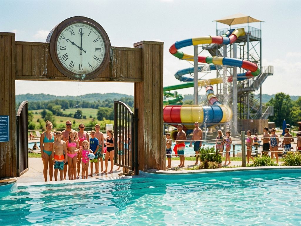 Kleurrijke waterglijbaantoren met klok om 10 uur, families in zwemkleding wachten bij turquoise zwembad op zonnige dagLet me reconsider to ensure it's under 125 characters while maintaining the most important information:Waterglijbaantoren met klok om 10 uur, families in zwemkleding bij turquoise zwembad in België