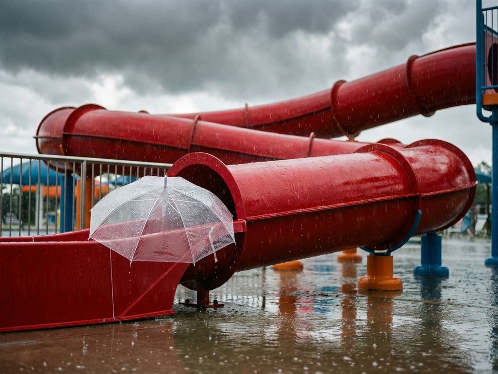 Rode waterglijbaan in waterpark tijdens regenbui met zichtbare regendruppels en dramatische wolken