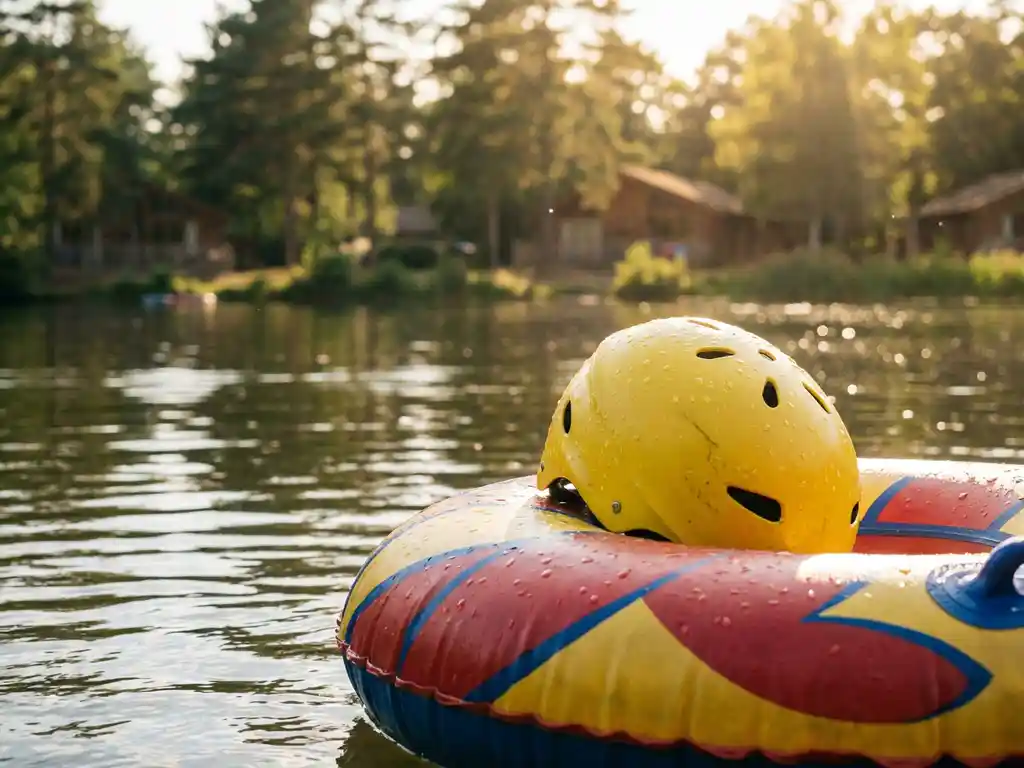 Gele helm met waterdruppels op kleurrijke opblaasbare band drijvend op kalm blauw meerwater bij Center Parcs