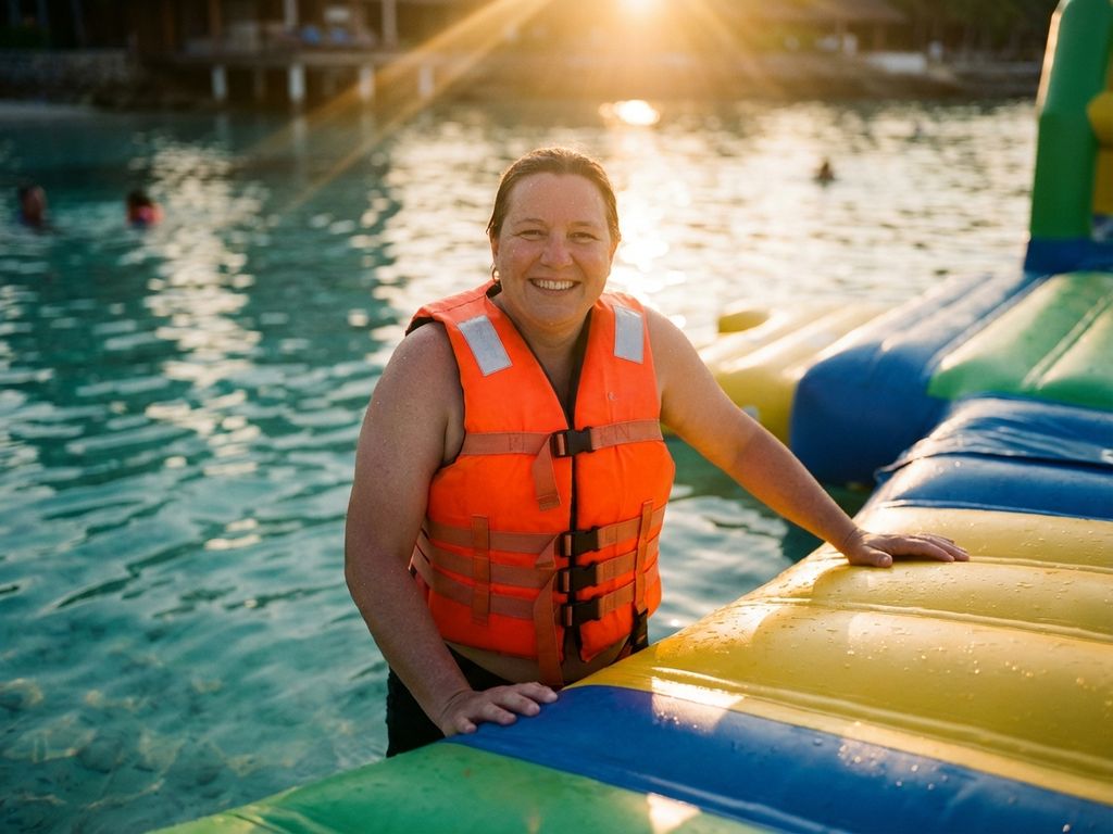 Persoon in oranje zwemvest staat op opblaasbaar waterpark obstakel boven helder turquoise water