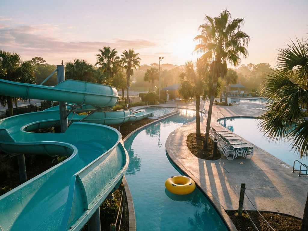 Gele zwemband drijft in rustige lazy river van waterpark met glijbanen en palmbomen op zonnige ochtend