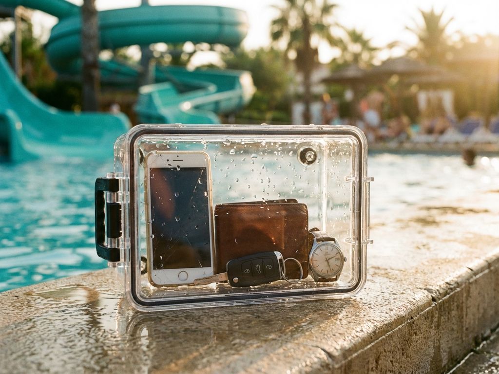 Waterdichte transparante locker met smartphone, portemonnee en sleutels bij zwembad met glijbanen op achtergrond