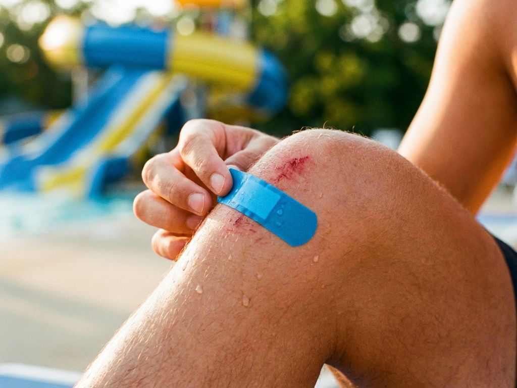 Persoon brengt blauwe waterdichte pleister aan op geschaafde knie bij zwembad op zonnige zomerdag
