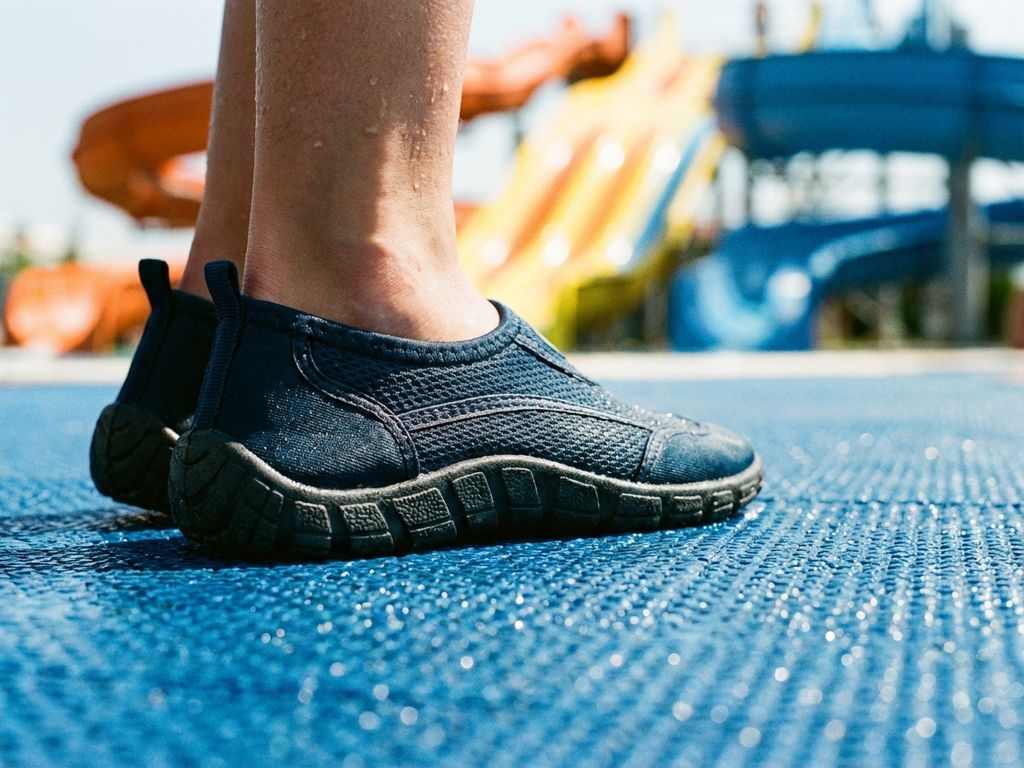 Waterschoenen met antislipprofiel op nat aquaparkoppervlak met waterdruppels in zomerlicht