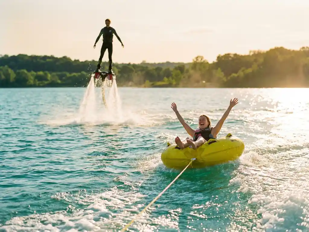 Persoon lacht op gele opblaasbare tube terwijl flyboarder opstijgt boven sprankelend turquoise water in gouden zonlicht