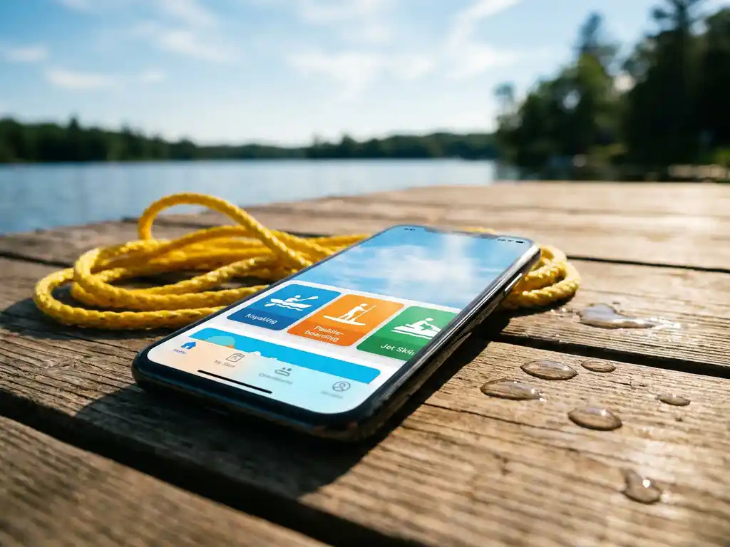 Smartphone met watersport boekings-app op verweerde steiger naast gele touw en waterdruppels, zomerse achtergrond