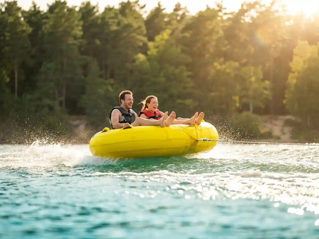Twee personen op gele opblaasbare tube over turquoise water bij Kempens dennenbos met witte waterstralen