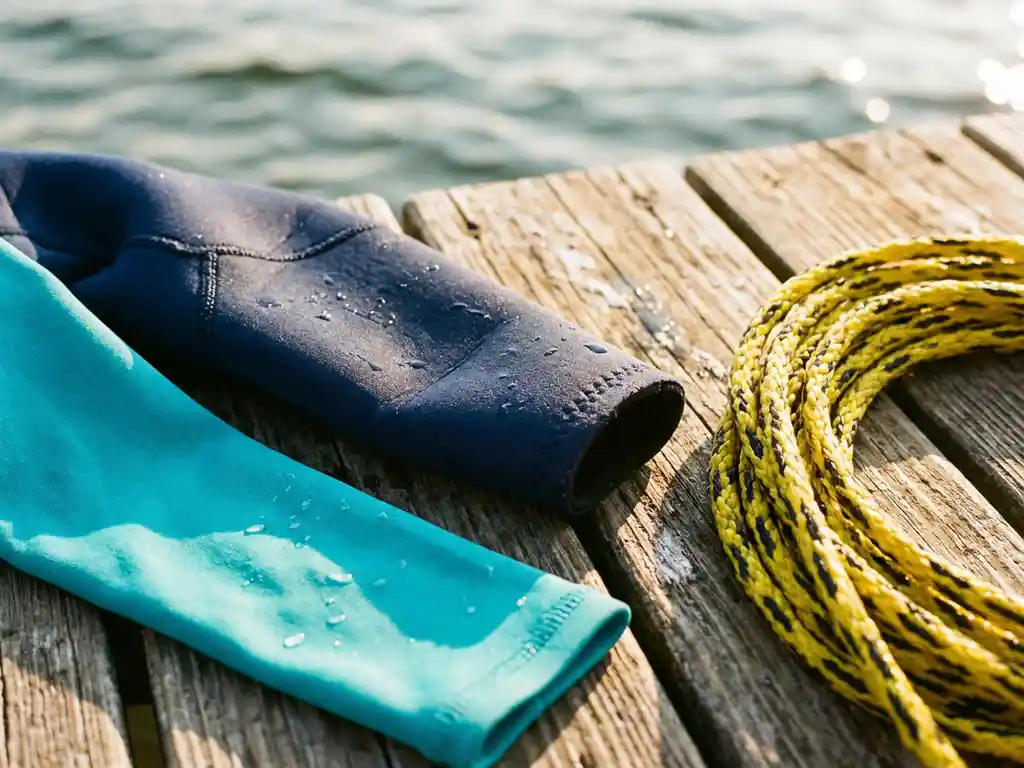 Neopreen wetsuit met rash guard en boardshort op verweerde steiger, waterdruppels glinsterend in middagzon