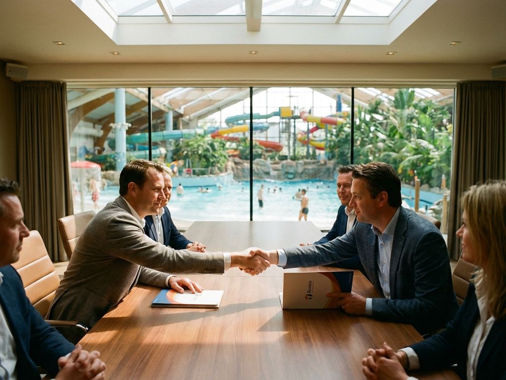 Zakenmensen schudden handen bij conferentietafel naast binnenwaterparkzwembad met glijbanen op achtergrond