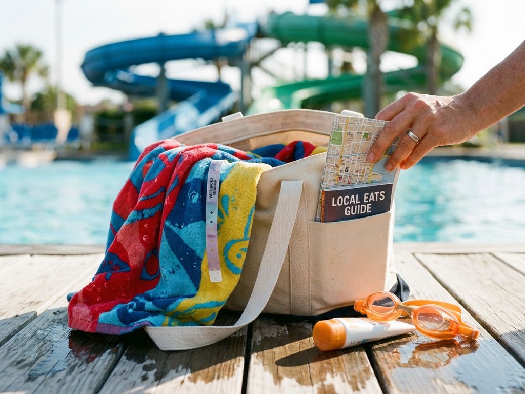 Strandtas met handdoeken en zwembrillen op houten terras bij zwembad, waterpark glijbanen op achtergrond