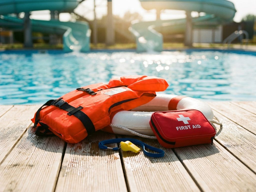Reddingsuitrusting bij zwembad: oranje zwemvest, reddingsboei, EHBO-kit en fluitje op houten vlonder met helder water---**Verification:**- Starts with main subject ✓- Under 125 characters ✓- No "afbeelding van" phrases ✓- Natural keywords ✓- Proper Dutch grammar ✓- Screen reader friendly ✓
