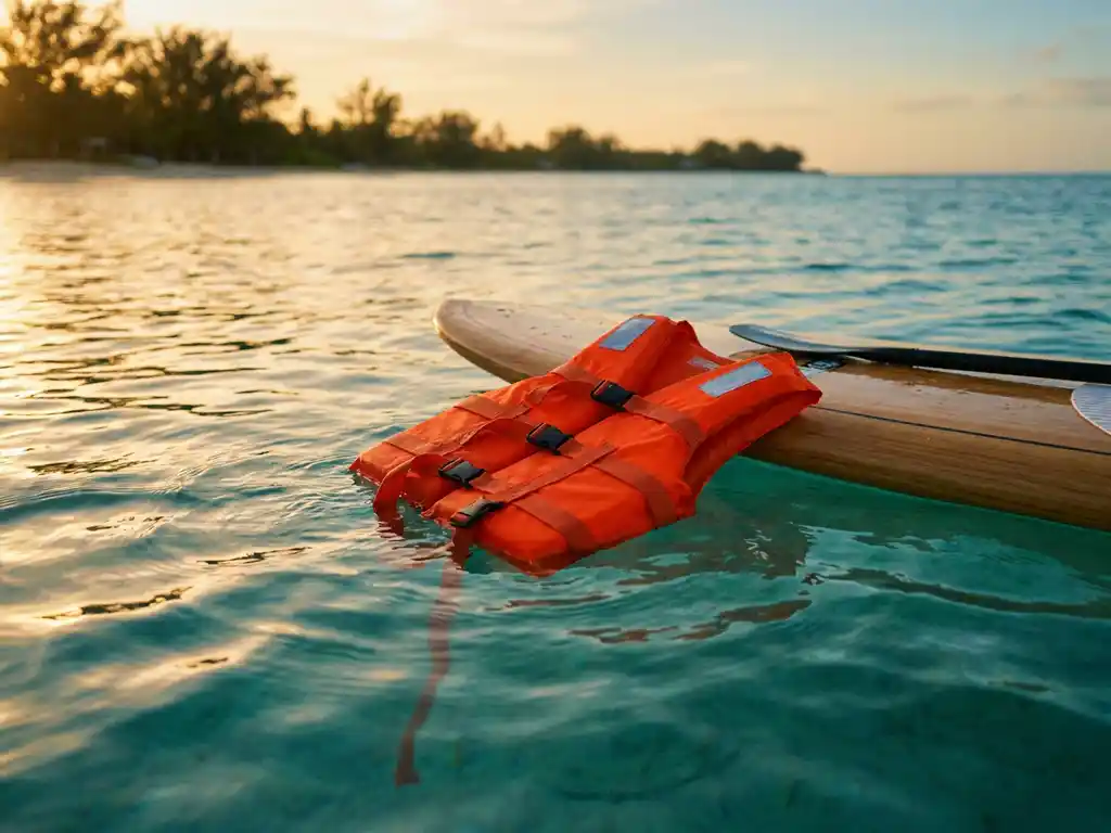 Oranje zwemvest drijft naast stand-up paddleboard op kalm turquoise water met zonlicht en reflecties